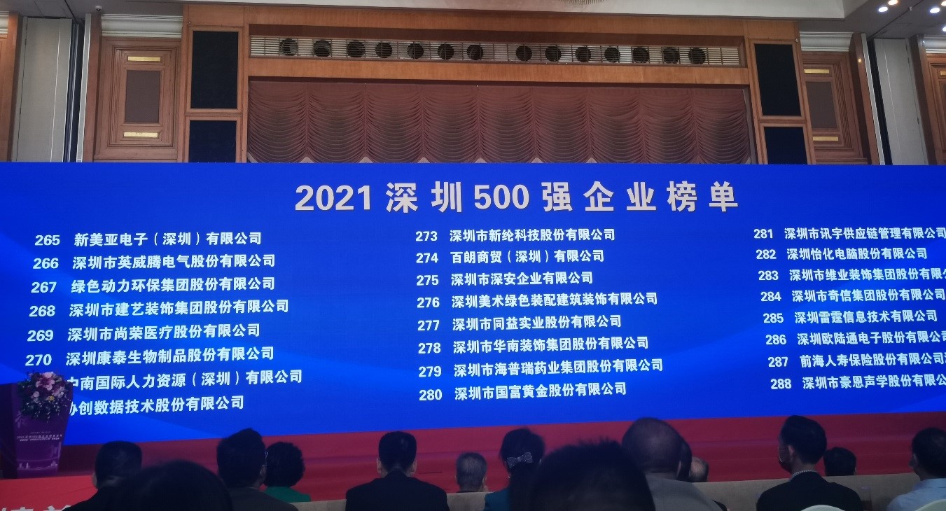 k8凯发上榜2021深圳企业500强