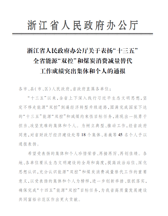 k8凯发永嘉公司付金轩获“浙江省能源‘双控’工作成就凸起幼我”赞美